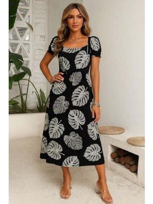 The Kethen Kadın Kısa Kollu Geometrik Yaka Yırtmaçlı Puantiyeli Midi Örme Krep Elbise