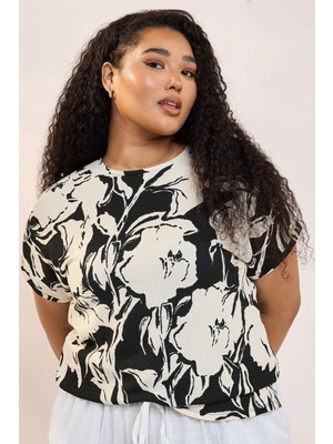 Büyük Beden Bisiklet Yaka Bürümcük Kumaş Baskılı T-Shirt 304115