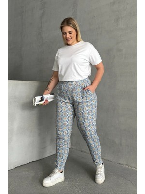Stil Diva Büyük Beden Desenli Cepli Pantolon Kadın Beli ve Paçası Lastikli Mavi Dokuma Kumaş Modern Jogger