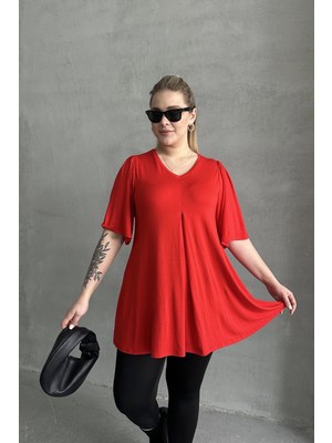 Stil Diva Büyük Beden Kadın V Yaka Kırmızı Desensiz Asimetrik Kesim Likralı Bluz Modern Tasarım