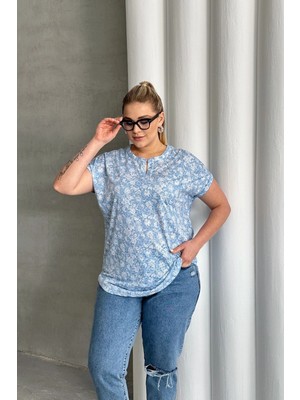 Büyük Beden Kısa Kollu Çentik V Yaka Desenli Bluz 97-79