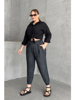 Büyük Beden Beli ve Paçası Lastikli Cepli Desenli Şalvar Pantolon 74-73