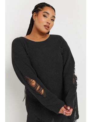 Stil Diva Büyük Beden Kadın Yırtık Detaylı Uzun Kollu Bisiklet Yaka Triko Kazak 303582