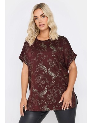 Büyük Beden Kısa Kollu Bisiklet Yaka Metalik Desenli Bluz 303666