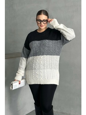 Stil Diva Büyük Beden Kadın Uzun Kollu Bisiklet Yaka Renk Bloklu Triko Kazak Dg-04