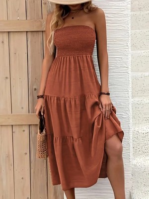 The Kethen Kadın Straplez Göğüsten Lastikli Kloş Aerobin Uzun Elbise