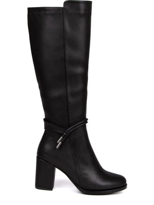 Kadın Kalın Topuklu Siyah Suni Deri Biyeli Çizme