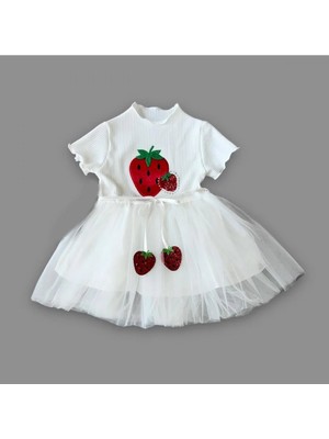 1-2-3 Yaş Payetli Çilek Baskılı Çilek Kuşaklı Kız Bebek Elbisesi Beyaz