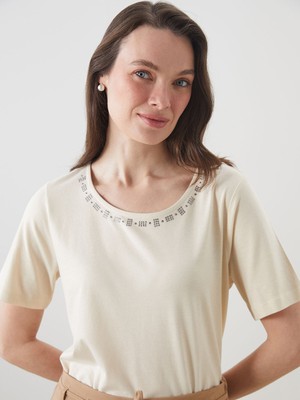 Lc Waikiki Yeni Sezon Bisiklet Yaka Taşlı Keten Karışımlı Bluz