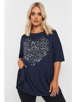 Büyük Beden Bisiklet Yaka Yarım Kollu Payet Süslemeli Yırtmaçlı Bluz 303543