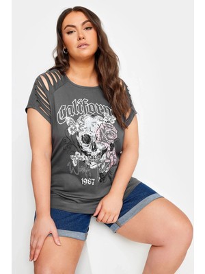 Büyük Beden Bisiklet Yaka Kol ve Omuz Detaylı Baskılı T-Shirt 321749