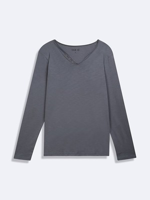 Uzun Kollu V Yaka Önü Düğmeli Basıc Gri Sweatshırt