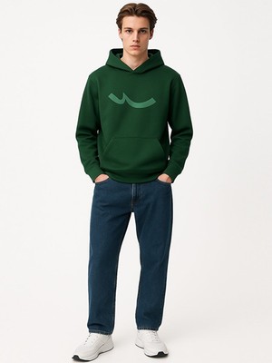 Kapüşonlu Sıgn Baskılı Uzun Kollu Yeşil Sweatshırt