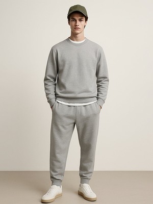 Uzun Kollu Sıfır Yaka Basıc Gri Sweatshırt