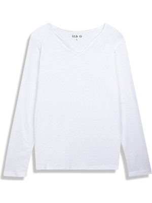 Uzun Kollu V Yaka Önü Düğmeli Basıc Beyaz Sweatshırt