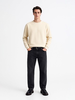 Uzun Kollu Sıfır Yaka Basıc Krem Sweatshırt