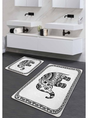 Kaymaz Tabanlı Yıkanabilir 2'li Banyo Paspası Seti, Etnik Fil Desenli, Ekru, 60X100 ve 50X60 cm