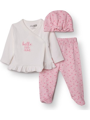 Hellobaby Kız Bebek Yenidoğan Zıbın-Şapka-Patikli Alt Interlok V Yaka Uzun Kol Patikli Paça