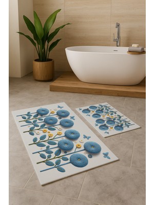 Mavi ve Beyaz Yaz Temalı Çiçekli Dijital Baskılı Banyo Paspas Takımı