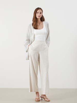 Lc Waikiki Yeni Sezon Beli Lastikli Çizgili Keten Karışımlı Kadın Pantolon