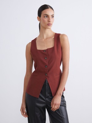 Lc Waikiki Yeni Sezon Kare Yaka Keten Karışımlı Kadın Klasik Yelek