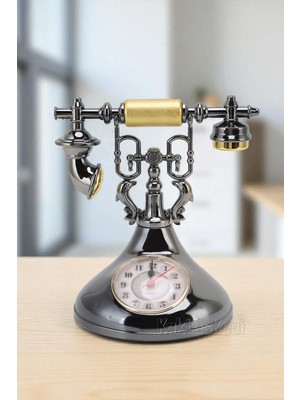 Vintage Telefon Model Nostaljik Dekoratif Masa Saati - Çalar Saat Gri