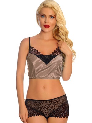 Vizon Saten Dantelli Babydoll Şortlu Takım