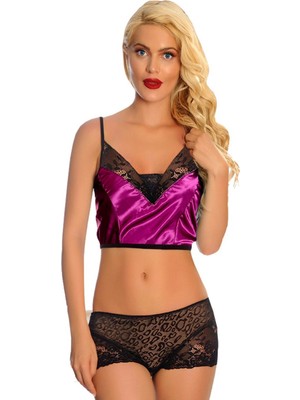 Mor Saten Dantelli Babydoll Şortlu Takım