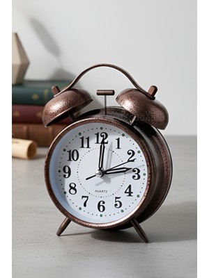 Nostaljik Büyük Boy Işıklı Bronz Masa Saati - Metal Çalar Saat