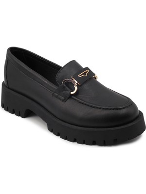 Siyah Deri Loafer Kadın Ayakkabı