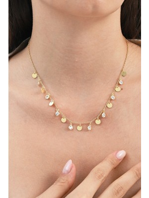 925 Ayar Gümüş Altın Yaldızlı Zirkon Taşlı Gümüş Pullu Kolye  SGTL13097GOLD