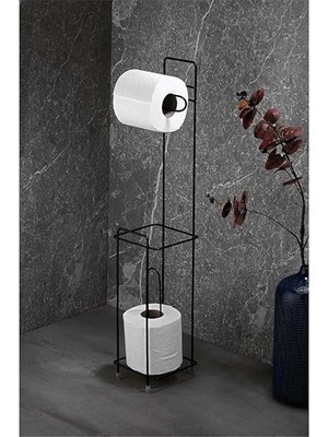 Ayaklı Wc Kağıtlı Yedek Kağıt Hazneli Tuvalet Kağıtlığı Siyah