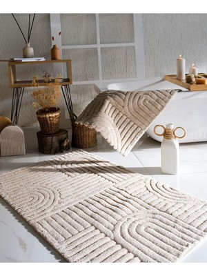 Bej %100 Pamuk Babil 2 Parça Banyo Paspas Seti 40X60+60X100 cm