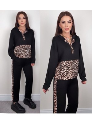 Aesco Kadın Uzun Kollu Leopar Detay Sweat ve Yanı Leopar Şerit Detay Pantolon Ikili Takım
