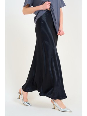 Aesco Düz Uzun Saten Etek - Siyah