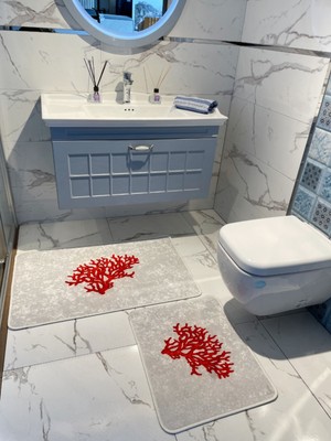 2'li Lateks Taban Banyo Paspas Takımı, Gri-Kırmızı, 60X100 ve 60X50 Ölçüler