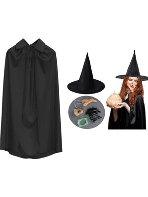 Cadı Kostüm Seti 6 Parça - Şapka Pelerin Diş Tırnaklar Çene ve Burun