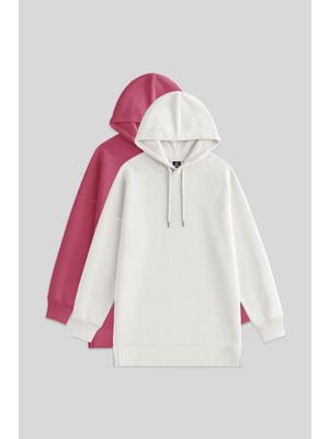 Oversize Kapüşonlu 2li Paket Ekru-Yaban Gülü Kadın Tunik Sweatshirt - 97242