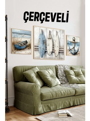 🛶 Kayık - Sörf Tahtaları - Çapa Temalı 3’lü Mdf Ahşap Tablo Seti (23X23 cm & 42X42 Cm) 4242119 42 cm