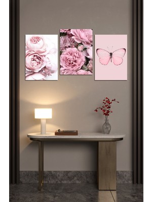 Dekorize Mdf 3 Parça Çerçeve Görünümlü Güller ve Kelebek 21X30 30 x 40