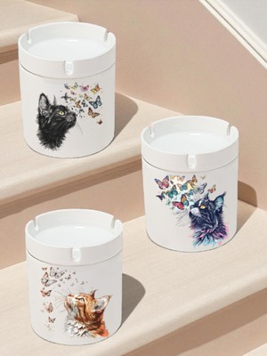 Kelebek ve Kedi Temalı 3'lü Küllük Modelleri - Kokusuz Küllükler, Seramik Kül Tablası