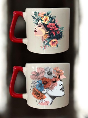 Çiçek Saçlı Kadın Baskılı 2'li Kahve Bardağı Seramik Kupa - Seramik Çay, Kahve Hediyelik Bardağı