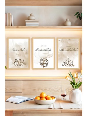 🖼️ Manevi Mesajlı Bismillah, Inshaallah, Alhamdulillah 3’lü Tablo Seti (Çerçeve Efektli)🌟 CRVS1204 30 x 40