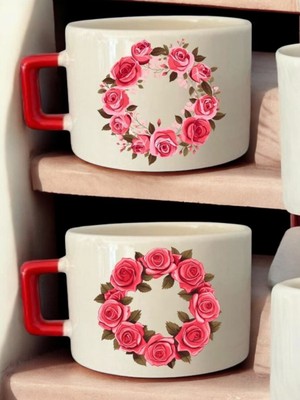 Çiçekler Baskılı 2'li Kahve Fincanı Seramik Kupa - Seramik Çay, Kahve Hediyelik