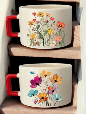 Güzel Çiçekler Baskılı 2'li Kahve Fincanı Seramik Kupa - Seramik Çay, Kahve Hediyelik