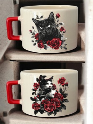 Kedi Kırmızı Çiçek Baskılı 2'li Kahve Fincanı Seramik Kupa - Seramik Çay, Kahve Hediyelik Bardağı