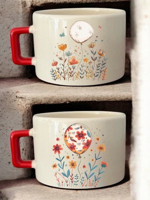 Balon Çiçekler Çizimi Baskılı 2'li Kahve Fincanı Seramik Kupa - Seramik Çay, Kahve Hediyelik Bardağı