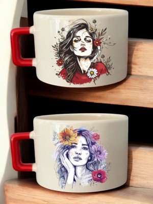 Kadın Çiçek Görseli Baskılı 2'li Kahve Fincanı Seramik Kupa - Seramik Çay, Kahve Hediyelik