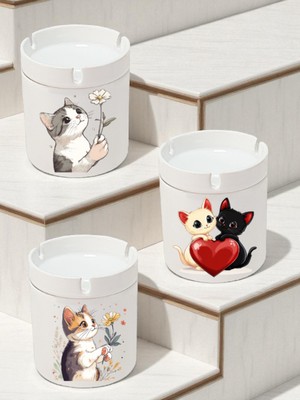 Sevimli Kediler Temalı 3'lü Küllük Modelleri - Kokusuz Küllükler, Seramik Kül Tablası