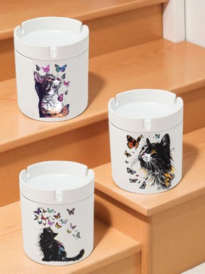 Kelebekli Kedi Temalı 3'lü Küllük Modelleri - Kokusuz Küllükler, Seramik Kül Tablası